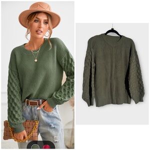 NEW Cupshe Olive Green Honeycomb Puff Sleeve Sweater, Medium